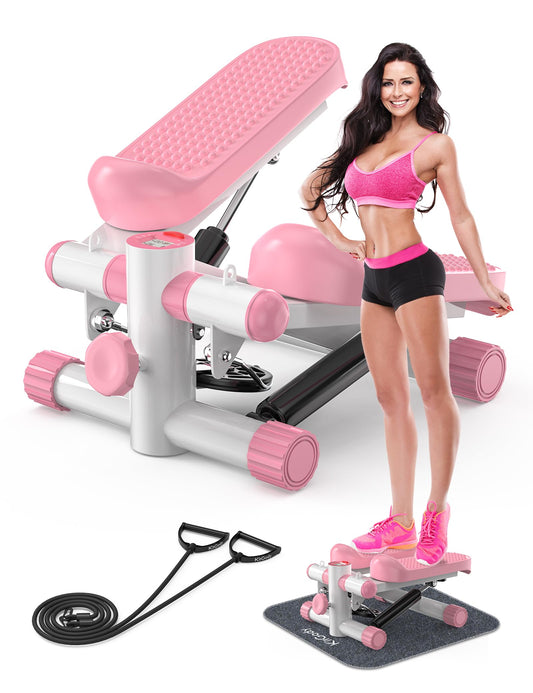 KitGody Steppers for Exercise at Home, Stair Stepper with Resistance Bands 330LBS Capacity, Pink Mini Stepper for Home Full Body Workout