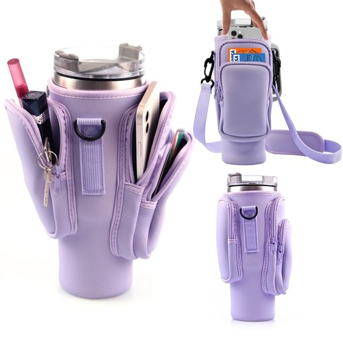 Stanley Water Bottle Carrier Bag with Phone Pocket, 40 oz, 3 Pockets (Purple)