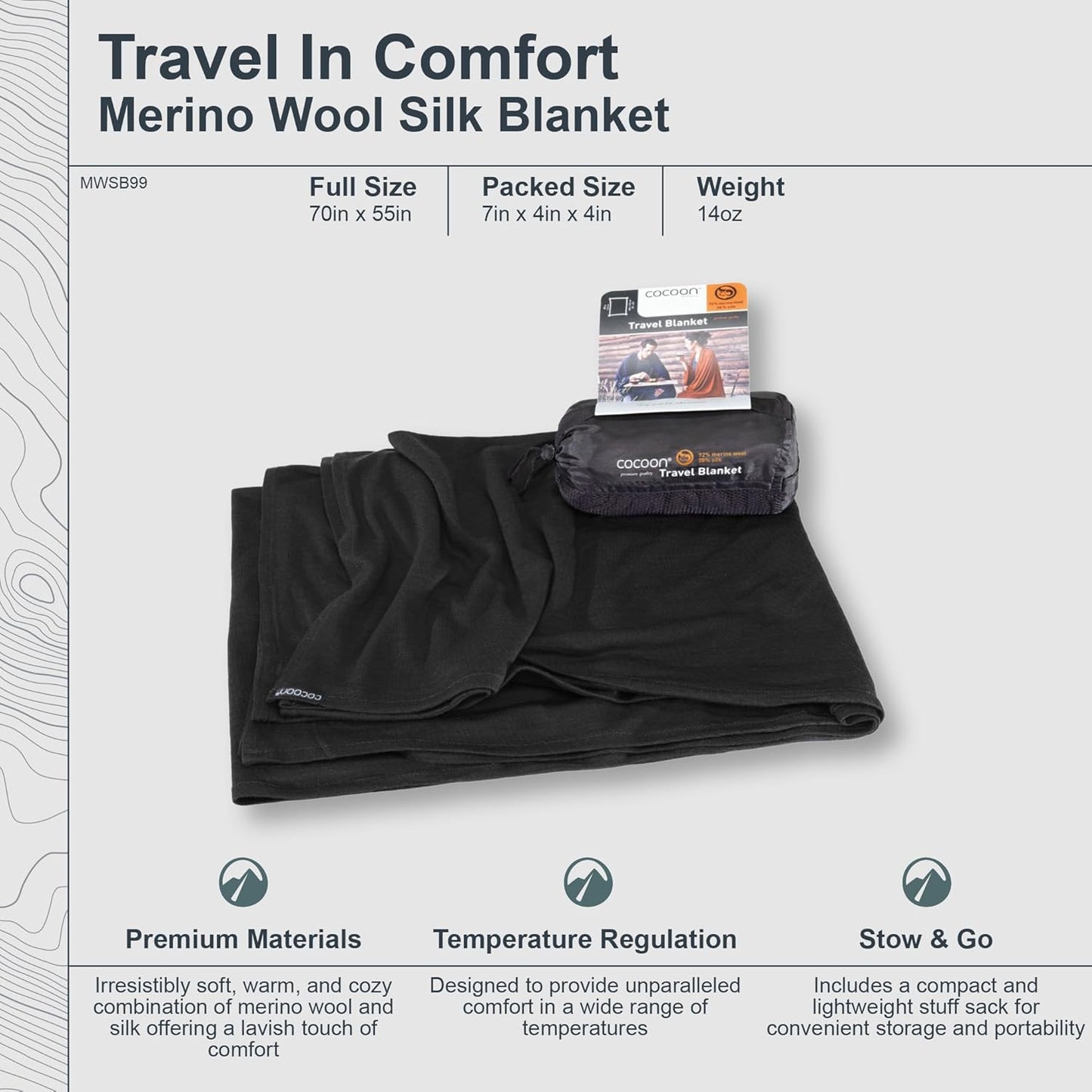cocoon - Premium - Merino Wool/Silk Travel Blanket - Cozy, Soft, Warm, Lightweight - Graphite Grey