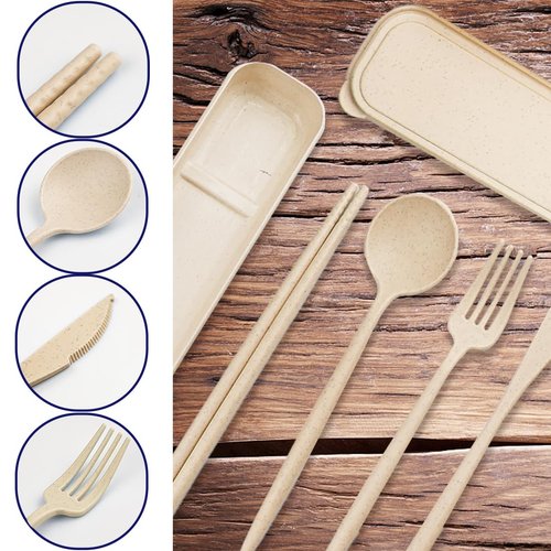 ZGQHZR 4 Sets Reusable Utensils Set with Case,Camping Cutlery Set Travel Silverware Set with Case Lunch Utensils Set for Work,Utensil Sets for Lunch Picnic Daily Use Outdoor (Beige)