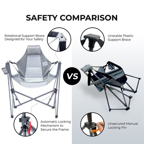 Camphor Designs Portable Swing Hammock Chair | Foldable Recliner Rocking Lounger with Headrest & Drink Holder | Outdoor Sports, Beach, Lawn, Hunting, Tailgating, Fishing | Supports 300Lbs (Grey)