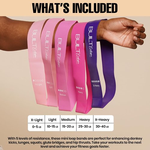 Built Exclusive Athletics - Mini Loop Resistance Bands 5 Levels - Portable Workout Bands for Legs Arms Glutes HIPS Squats Elastic Bands and Carry Bag