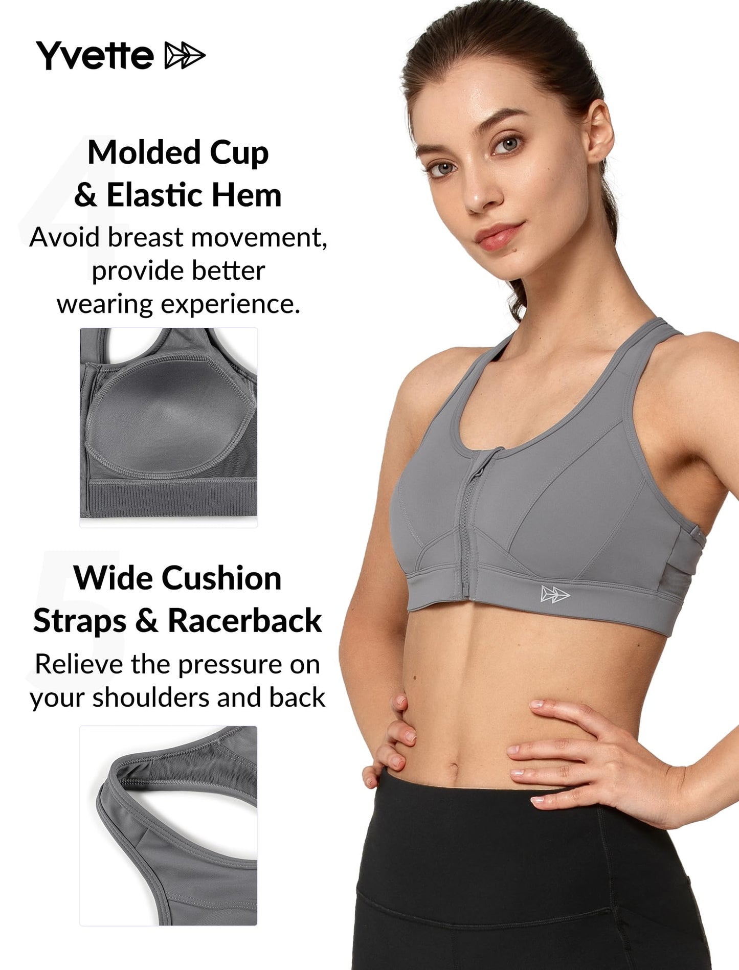 Yvette Zip Front Sports Bra - High Impact Sports Bras for Women Plus Size Workout Fitness Running,Grey,S