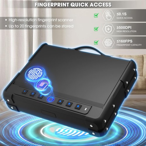 Upgraded 14LB Heavy Duty Biometric Gun Safe for 3-4 Pistols, Quick Access Pistol Safe with USB-C Port and Backlit Digital Keypad, Portable Handgun Safe with Mute Mode for Home Bedside Car