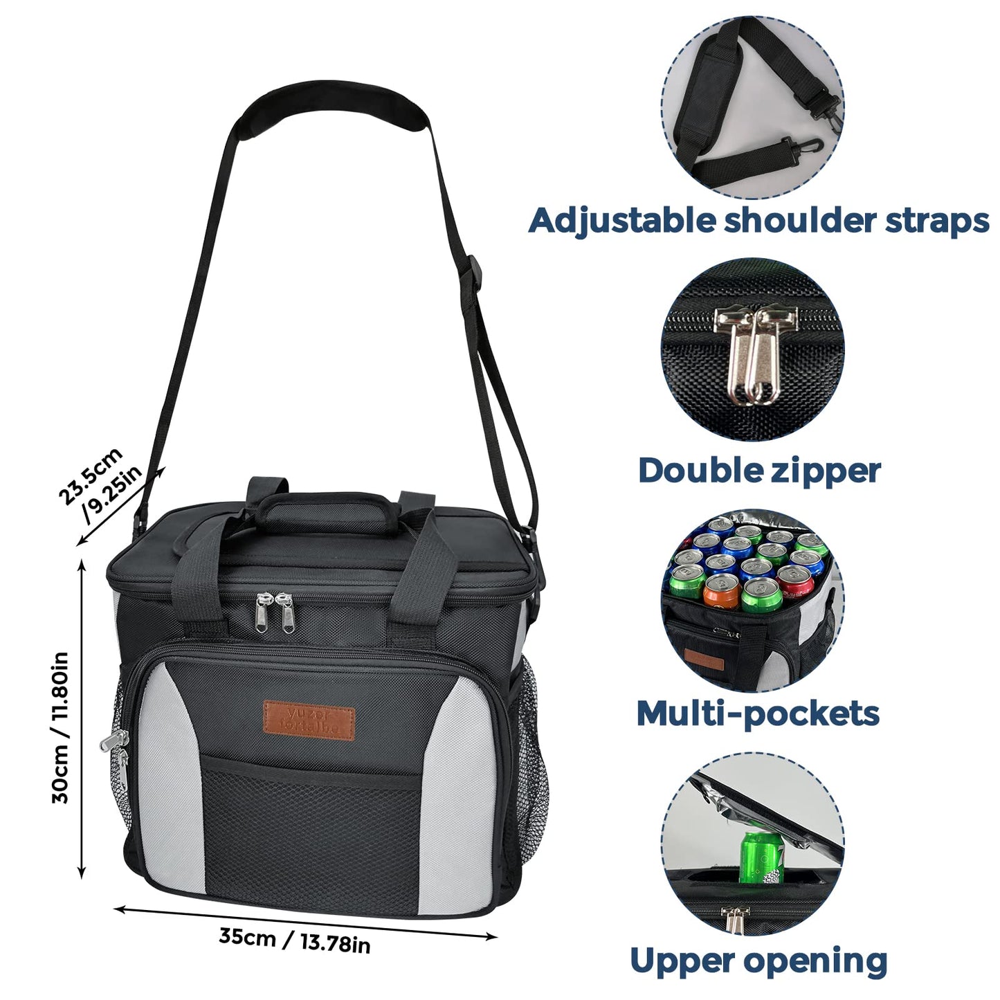 Yuzerfortalbe 25L Cooler Bag, Black, Nylon, Insulated, Collapsible, Lightweight, for Travel, Picnic, Camping, Grocery, Shopping