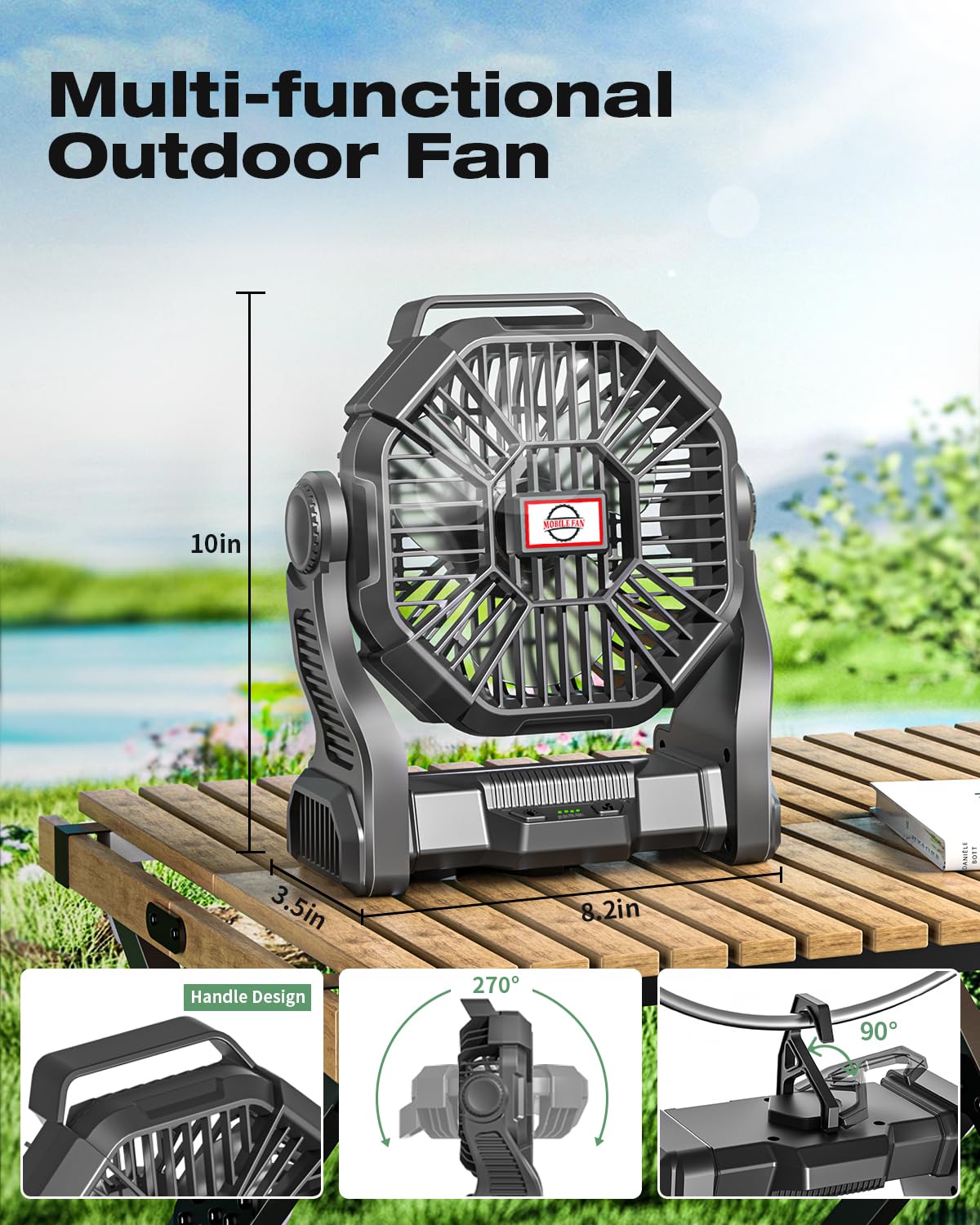AEscod Portable Camping Fan, Rechargeable Battery Operated with LED Lights, Hanging Hook, 270°Rotation, 20000mAh Battery Powered Fan for Beach, Office, Picnic, Fishing, Travel, Tent