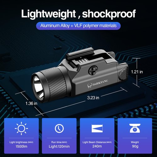 DARKFANG Tactical Flashlight 1500 Lumen for Shotgun/Pistol Light with Momentary/Strobe Function for 1913 Picatinny Rail