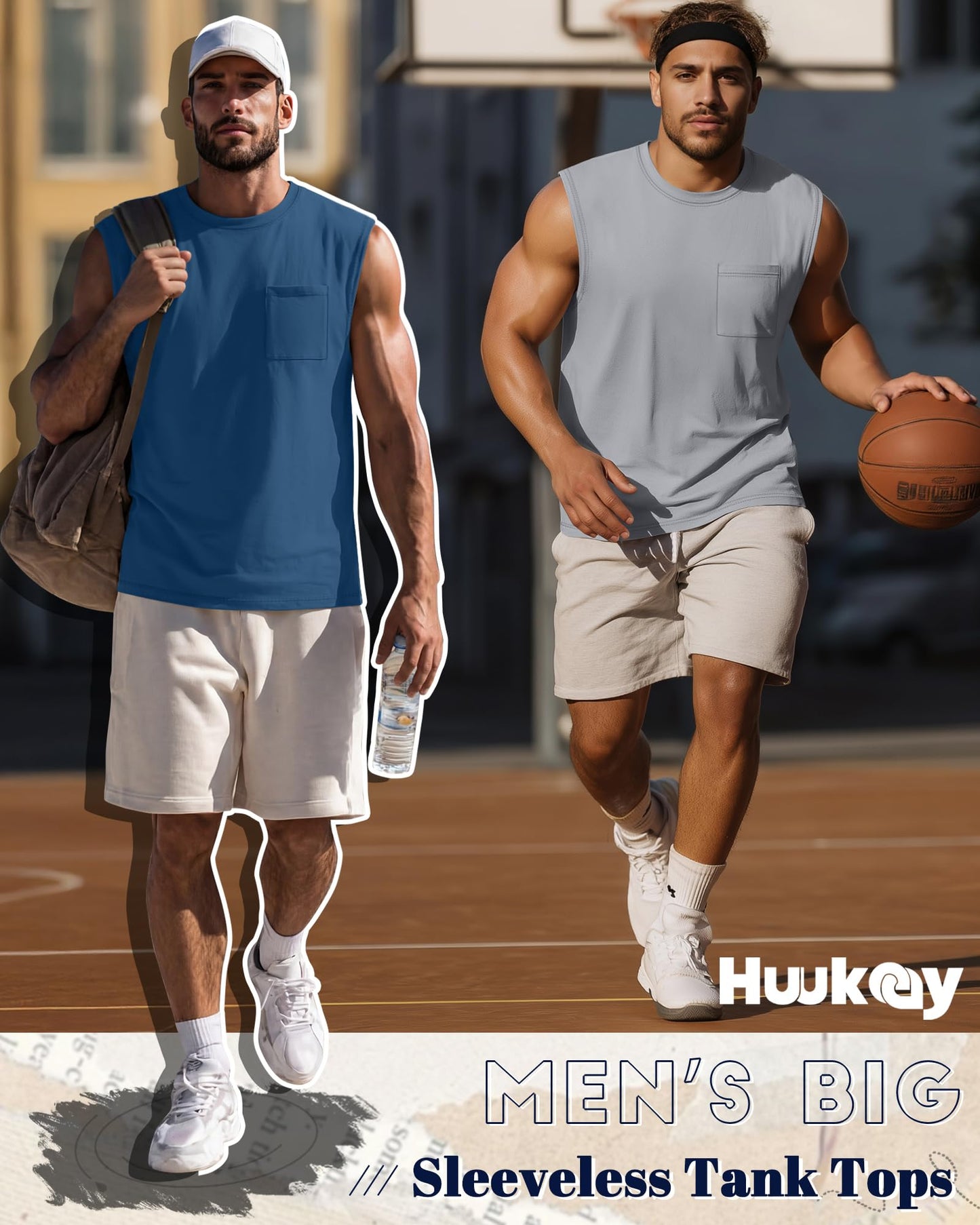 Huukeay 3 Pack Cotton Men's Big and Tall Sleeveless Tank Tops Muscle Shirts Gym Casual Workout Tees with Pocket(Black, Light Gray, Blue,X-Large)