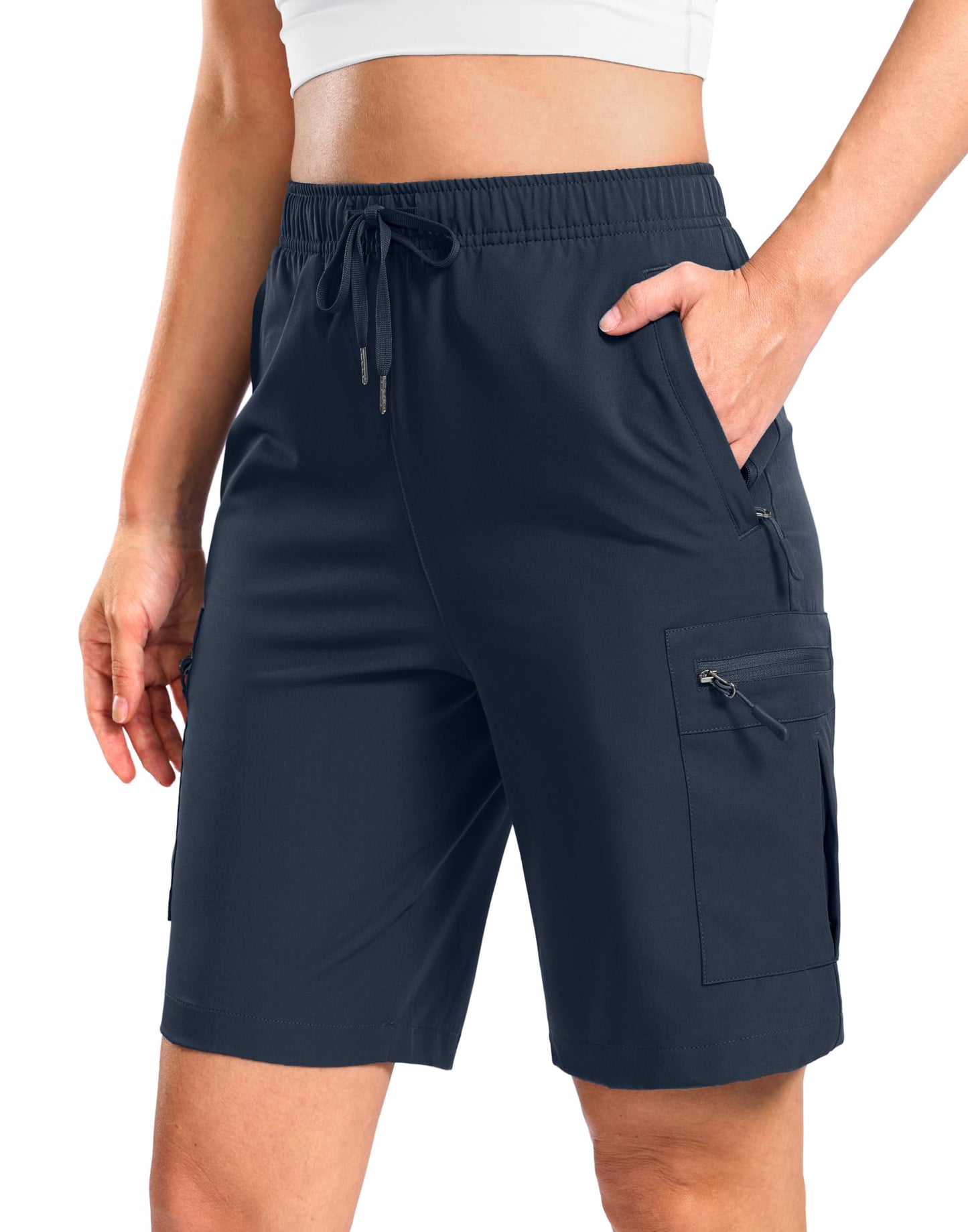 SANTINY Women's 7"/9" Lightweight Hiking Cargo Shorts with 5 Zipper Pockets Quick Dry Summer Long Travel Golf Short for Women (Navy_L)