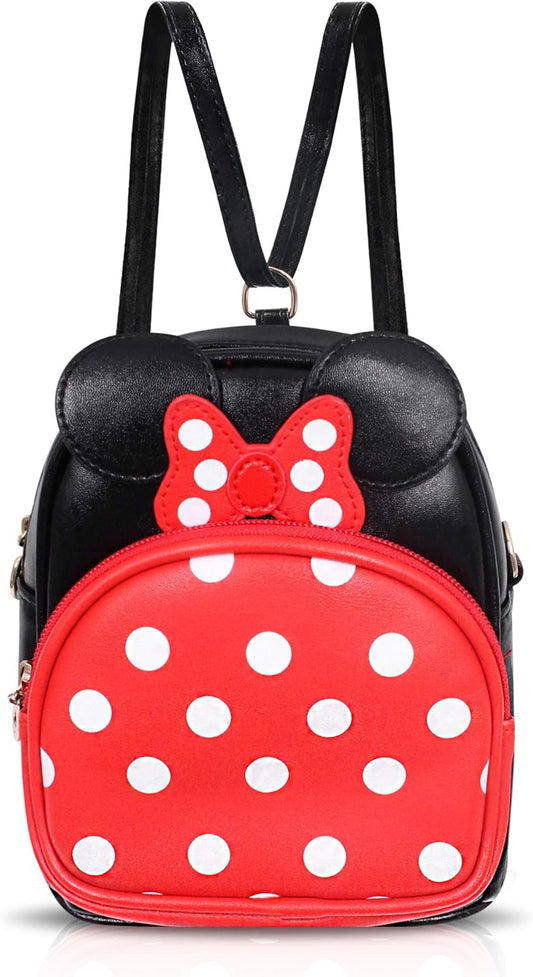 Minnie Polka Dot Backpack Small 2-in-1 Crossbody bag Mini Backpack - Multifunction Makeup Travel Mini Handbag with Long Shoulder Adjustable Strap PU Leather for Women Girls (Red/Black)