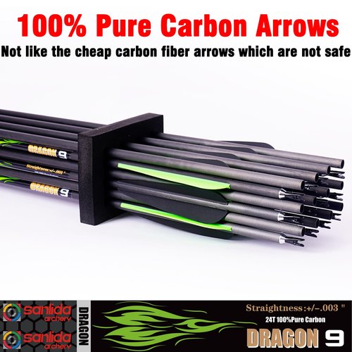 sanlida 24 PCs, 100% Pure Carbon, 0.003'' Straightness, Dragon 9 Flagship 24T Carbon Hunting Arrows for Compound Bow, Professional Standard Hunting Arrows with Removable Tips (350 Spine)