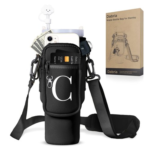dabria Initial A-Z Water Bottle Bag with Phone Pocket for Stanley 40 oz Tumbler Neoprene Water Bottle Holder Pouch with Adjustable Strap Bollus with Straw Cover & Carabiner for Stanley Cup Accessories