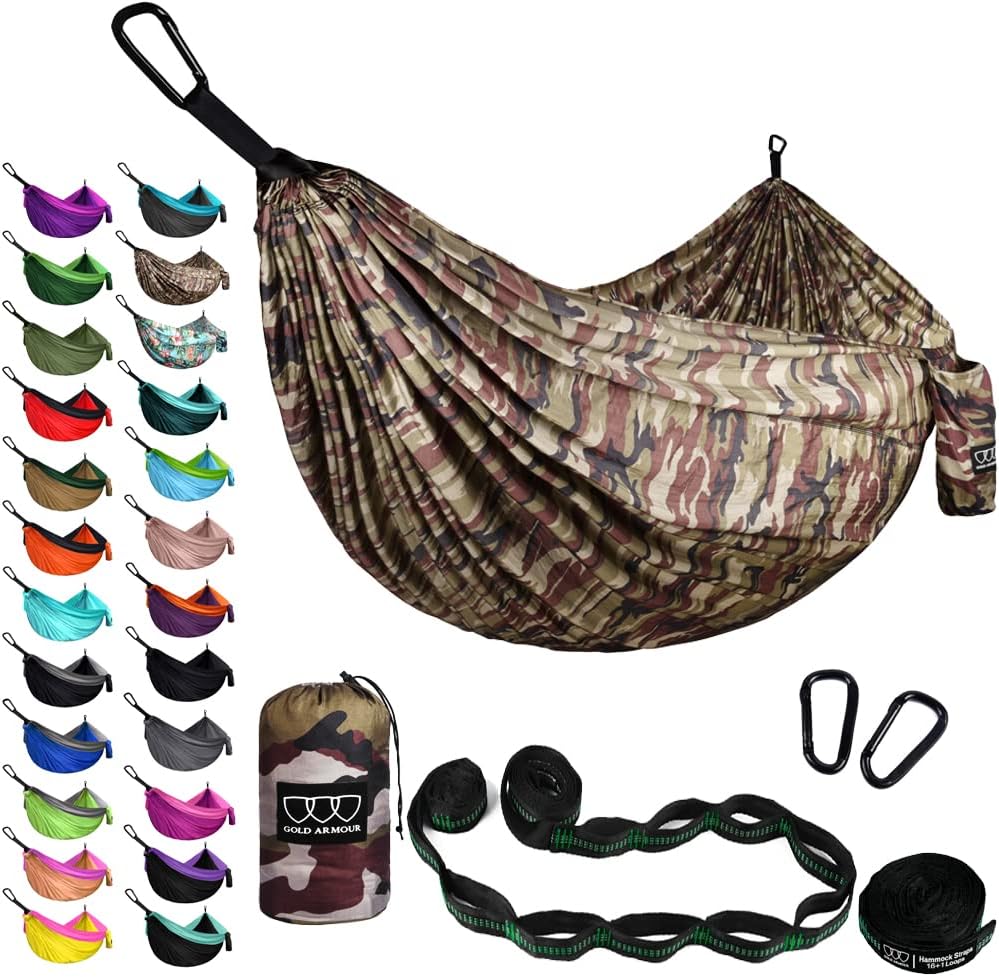 Gold Armour Camping Hammock - XL Double Hammock Portable Hammock Camping Accessories Gear for Outdoor Indoor with Tree Straps, USA Based Brand (Gray)