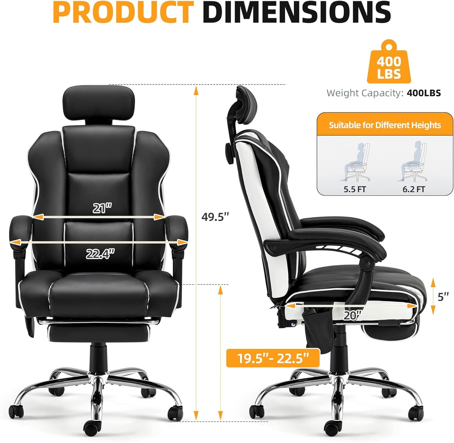 HOMREST 6-Point Massage Office Chair with Retractable Footrest, Heated Executive Office Chair with Reclining Backrest, Ergonomic Computer Chair with Adjustabel Headrest,Black