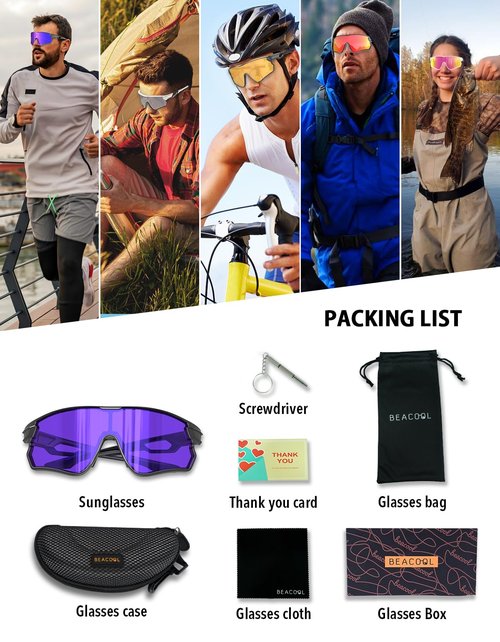 BEACOOL photochromic sunglasses sport (Black-photochromic Purple)
