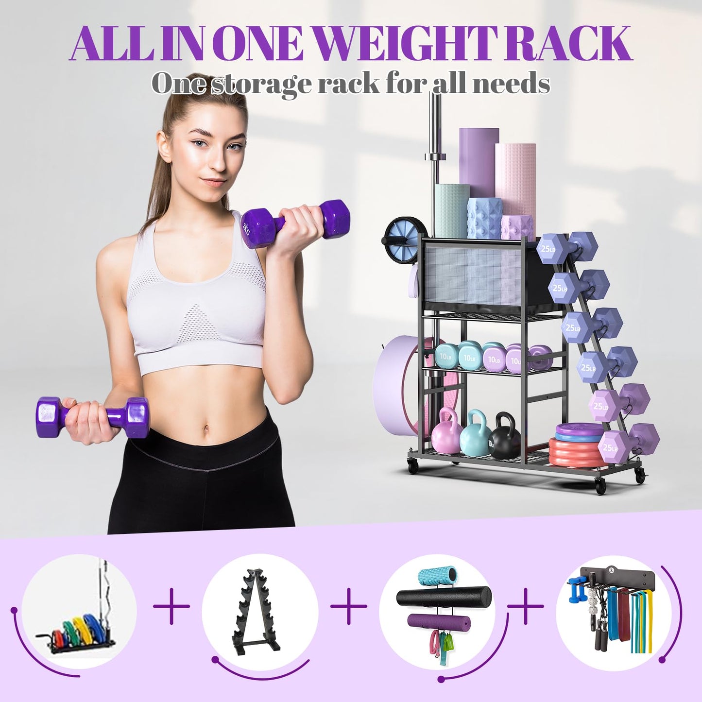 Mythinglogic Dumbbell Rack for Home Gym, Weight Rack for Dumbbells, Multifunctional Yoga Mat Holder for Barbell plates and Kettlebells, Home Gym Storage Rack with Casters