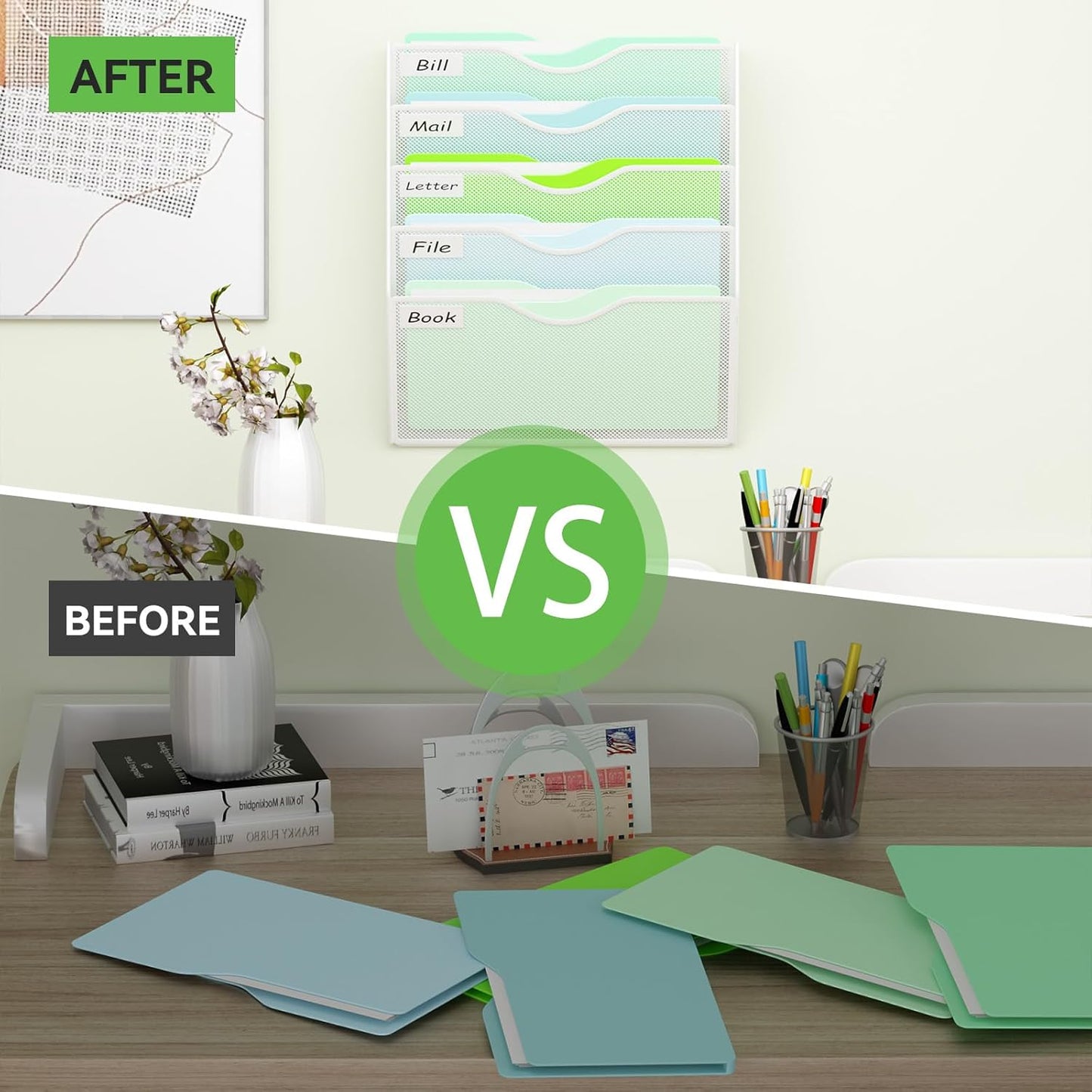 5 Pockets Mesh Hanging Wall File Holder Organizer Wall Mounted Paper Magazine Rack, Black