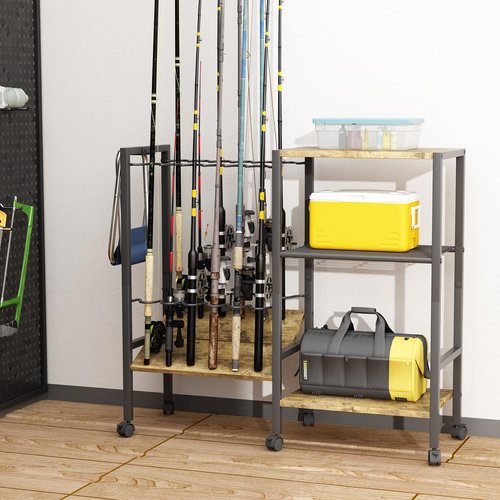 Azheruol Fishing Rod Rack Fishing Equipment Organizers With Wheels, Metal Fishing Gear Shelf Up To 12 Rods, Fishing Rod Holders Fishing Pole Storage Cart For Garage Home Entryway Corner