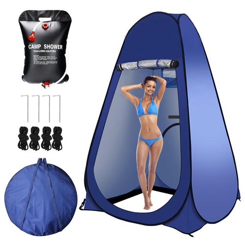 Petgin Pop Up Tent Upgrade Privacy Camping Shower Tent Portable Outdoor Sun Shelter for Outdoor Bathing Toilet Camping Biking Hiking Beach-Blue,with 5.3 Gallon Shower Bag