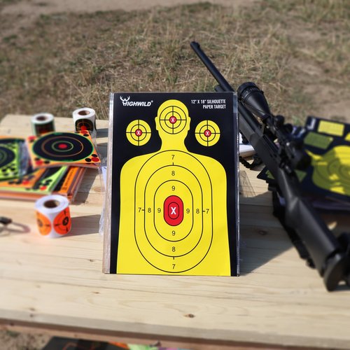 Highwild Shooting Range Silhouette Paper Target - 12X18 Inches - Suitable for Handguns, Rifles, Airguns, BB Guns (50 Pack, Black & Yellow)