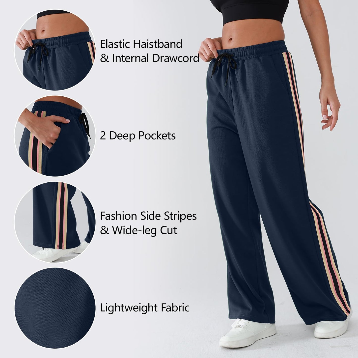 YIPINK Women's Wide-Leg Track Pants with Pockets - High Waist Athletic Pants Navy