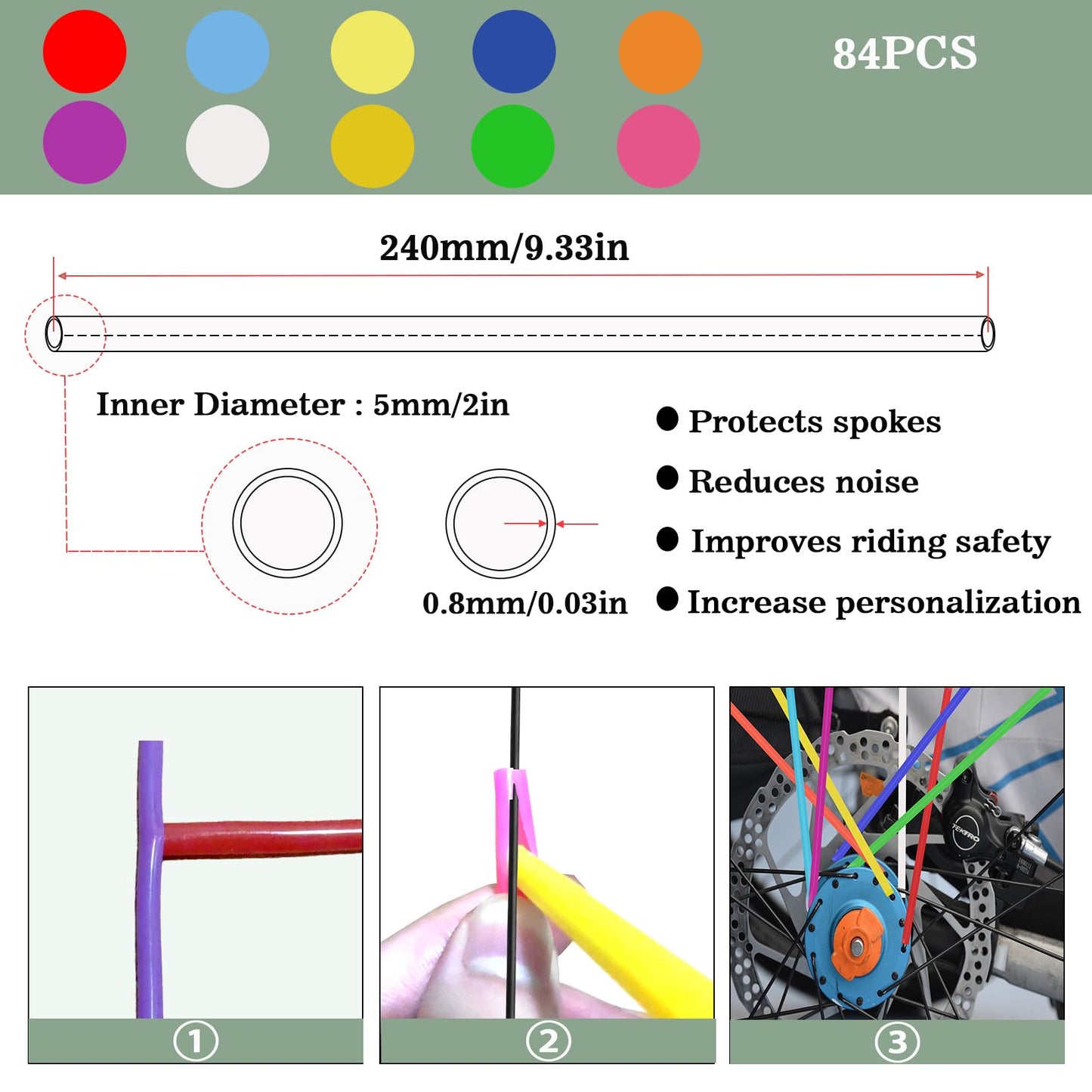 AHSNYLC 84PCS Dirt Bike Spokes Skins - Dirt Bike Wheel Cover, Dirt Bike Spoke Covers,Bicycle Spoke Covers,Spoke Protector for 8-21 Inch Rims for Motorcycle,Wheelchair,Bicycle Decoration