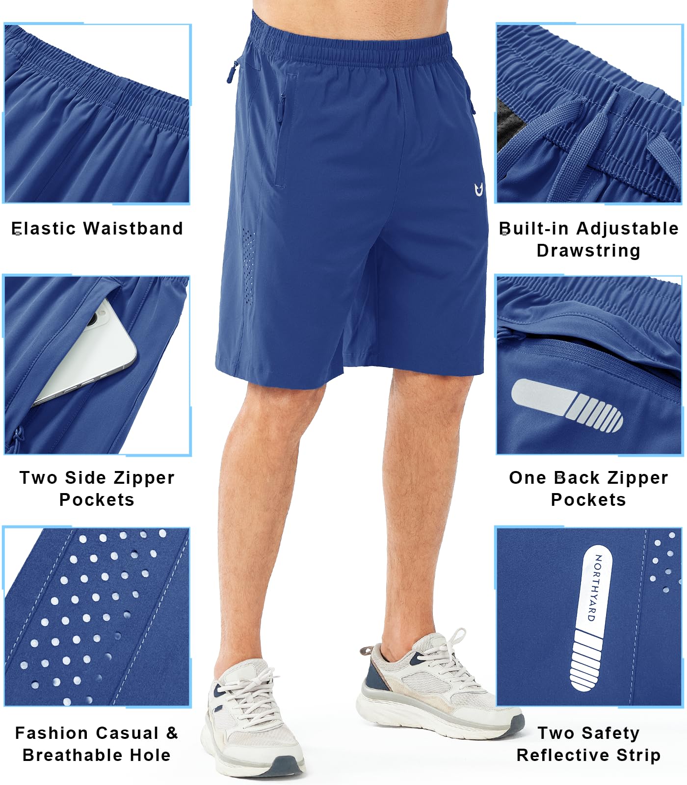 NORTHYARD Men's Athletic Running Shorts Gym Workout 7"/9"/5" Quick Dry Lightweight Sports Basketball Tennis 3 Zipper Pockets ROYALBLUE-9inch M