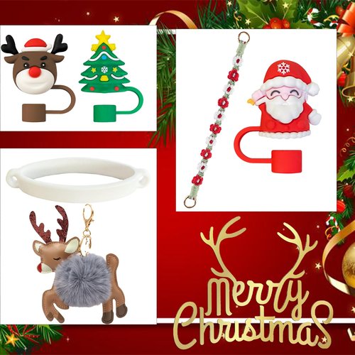 Christmas Stanley Cup Accessories Set,Water Bottle Handle Strap for Stanley 30/40 oz tumbler with handle,10mm Christmas Straw Toppers,Keychain Charms (reindeer)