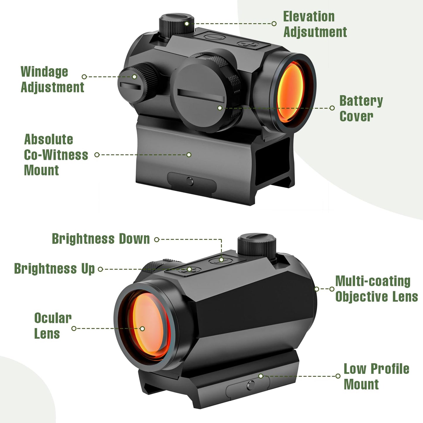 Motion Awake Red Dot Sight 1x20mm 2 MOA Red Dot Optics 10 Level Brightness Rifle Scope Reticle Sights with Co-Witness Riser and Low-Profile, Fits 20mm Rail Mount, IPX7 Waterproof, 1000G Shockproof
