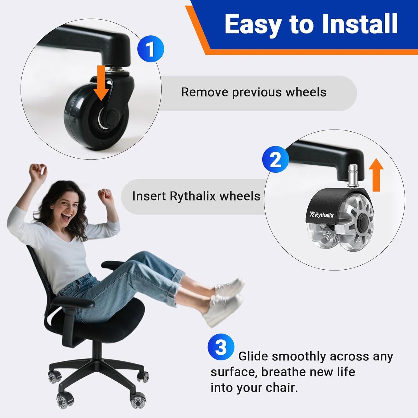 3" Office Chair Wheels Set of 5 - Desk Chair Caster Wheels, Smooth & Quiet, Universal Fit for Most Office/Desk/Gaming Chairs, Safe on Carpets & Hardwood Floors