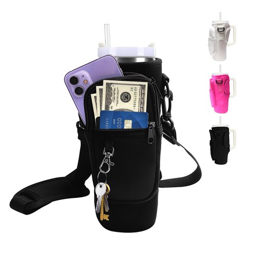 Water Bottle Carrier Bag for Stanley 30oz, Water Bottle Holder with Strap, Bottle Sling with Phone Pocket for Tumbler with Handle, Neoprene Cup Bag Water Bottle Pouch, Stanley Cup Accessories