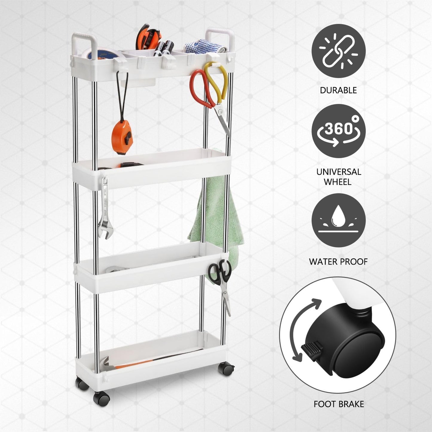 DNA MOTORING 3 Tier Slim Rolling Storage Cart, Plastic Utility Cart Organizer, Mobile Shelving Unit Utility Cart for Garage, Warehouse, Kitchen, Bathroom, Narrow Space, w/Wheel, White, TOOLS-00797-WH