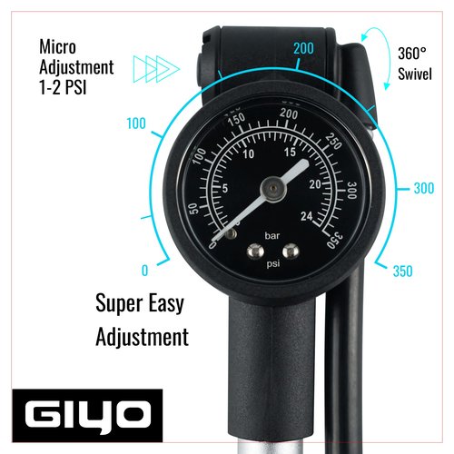 GIYO High Pressure Shock Pump (350 PSI) – Strong Lever Lock for No Air Loss, Aluminum Barrel, 1.5" Dial Gauge, Micro-Adjust Bleeder, 360° Rotating Hose, Taiwan-Made