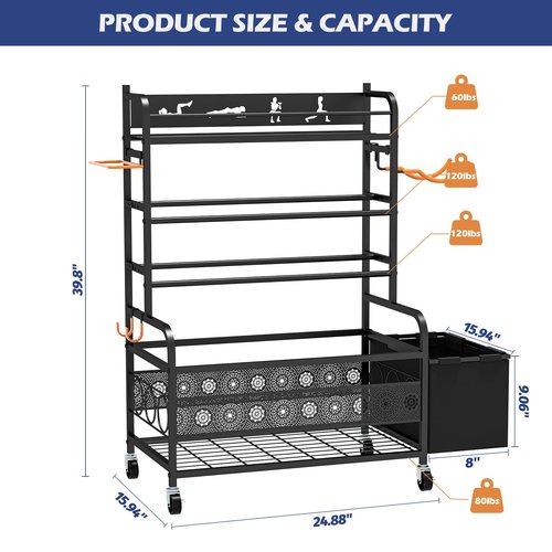 MESHDO Weight Rack for Dumbbells, Home Gym Storage for Dumbbells Yoga Mat Kettlebells and Balls, All in One Workout Equipment Storage with Wheels and Hooks