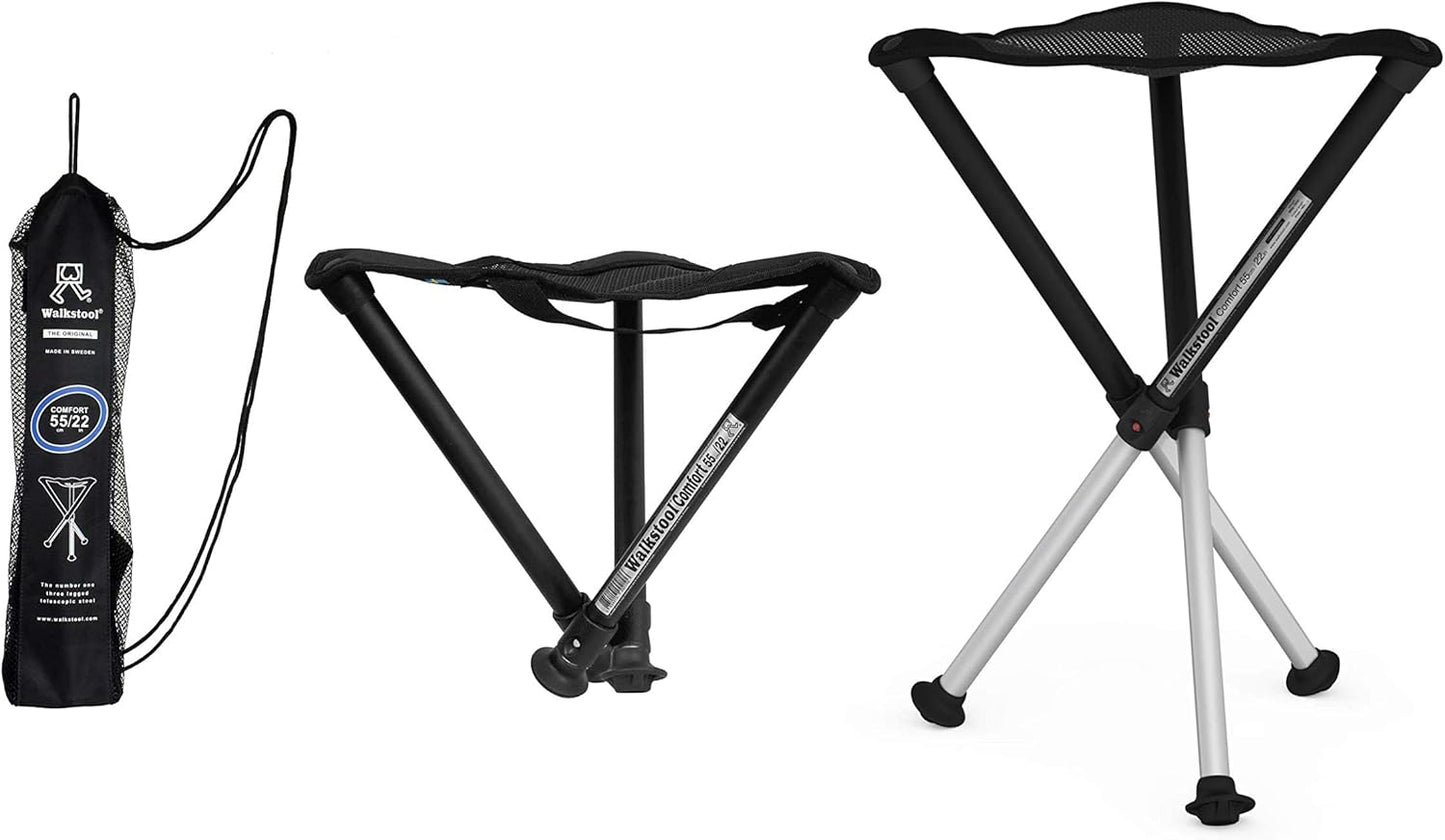Comfort Model - Black and Silver - 3 Legged Folding Stool in Aluminium - Height 18" to 30" - Maximum Load 440 to 550 Lbs - Made in Sweden
