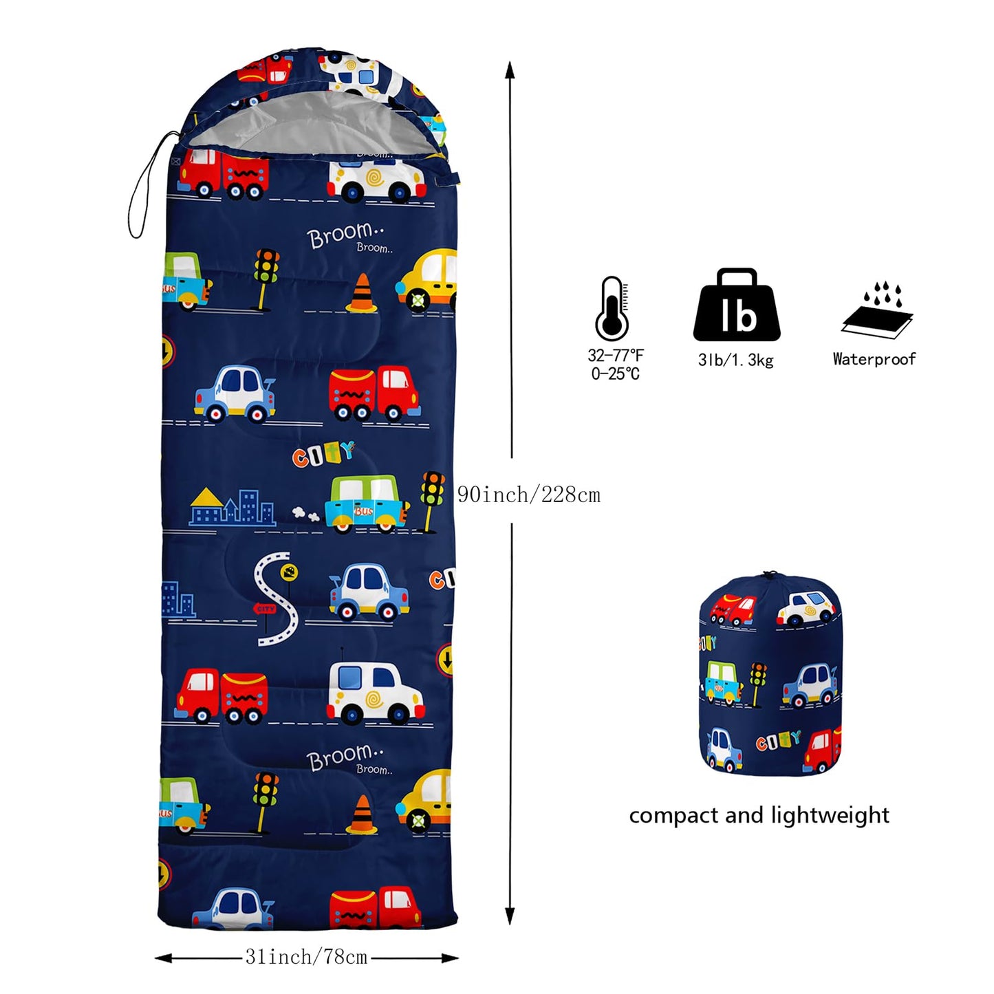 Sleeping Bags for Adults and Kids Backpacking Camping Sleeping Bags for Girls and Boys Lightweight Waterproof Cold/Warm 3-Season Outdoor Travel with Compression Bags (Cartoon Car, Single -31.5x90.5)