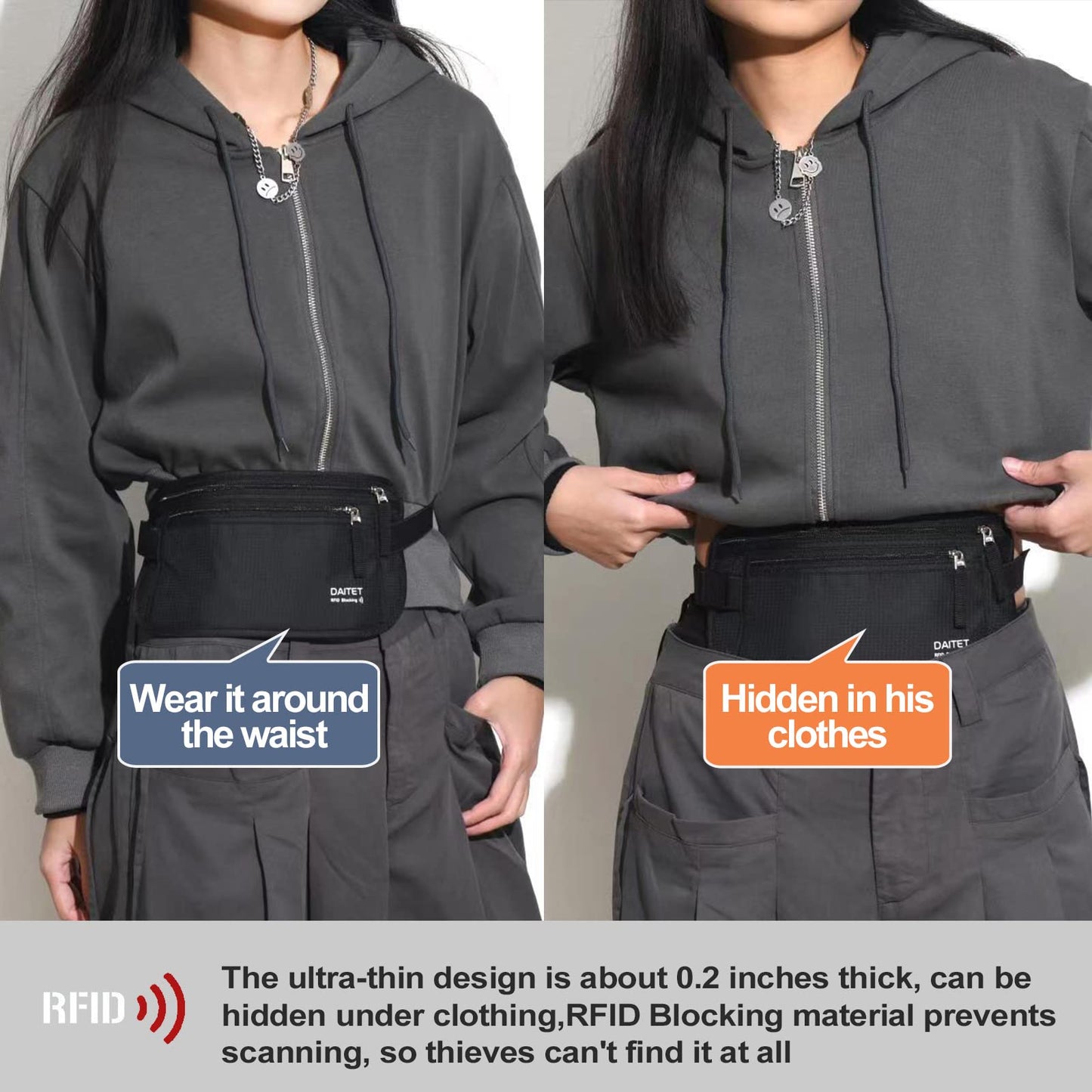 Money Belt for Travel - RFID Slim Passport Holder Travel Pouch Concealed， Anti-theft