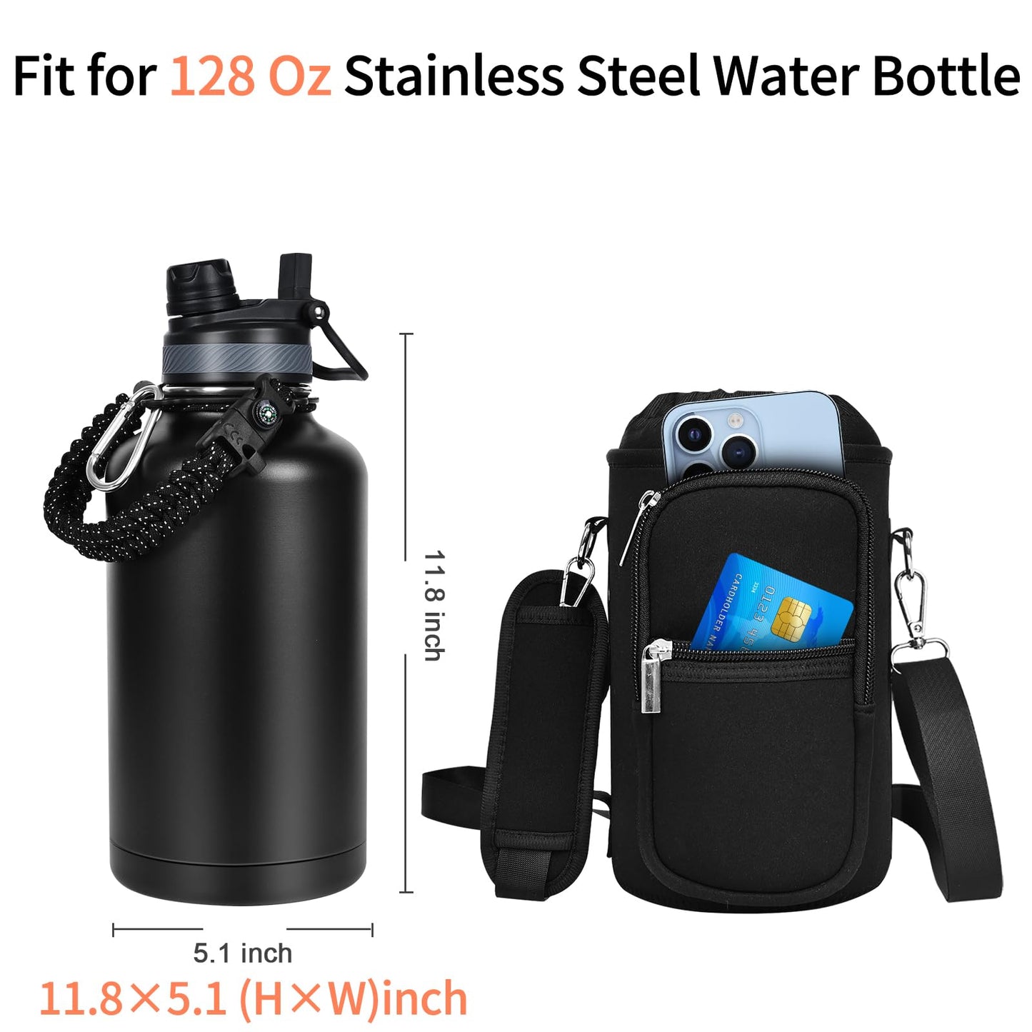GAZLEMHO Insulated Water Bottle Bag - Neoprene Carrier Sleeve for 128 oz Water Jug, Gym Hiking 1 Gallon Bottle Carrying Pouch Sling Holder with Strap and 2 Pockets for Storage Phone, Card, Keys