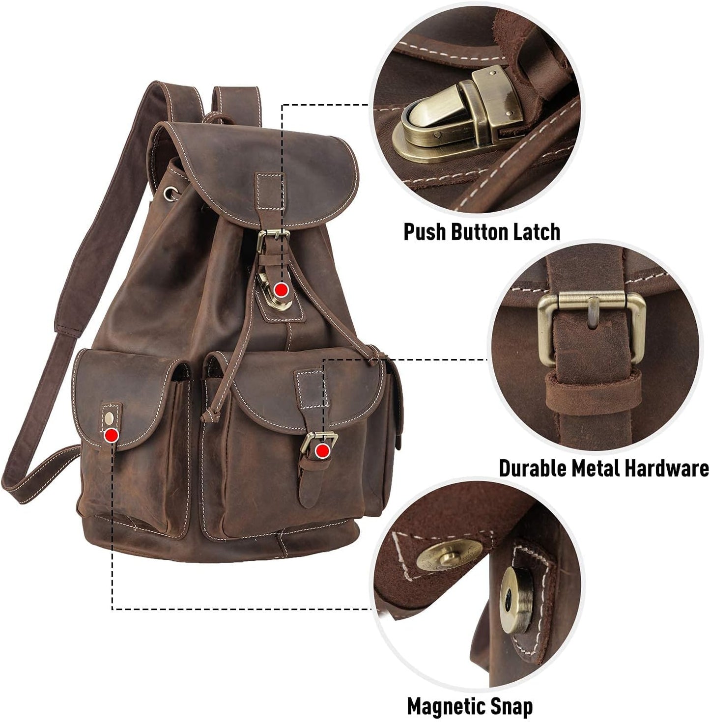 Vintage Full Grain Leather Rucksack Backpack for Men & Women - Casual Travel Satchel, Dark Brown