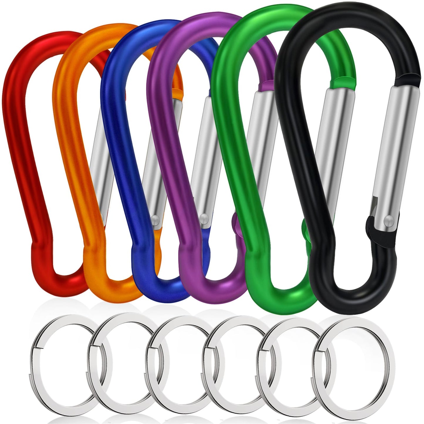 6PCS Carabiners, LDJZON Aluminum Carabiner Clip Spring Snap Hook with 6PCS Keyrings Keychain Hook for Keys, Backbag, Camping Lamp,Water Bottle (Red/Orange/Dark Blue/Purple/Green/Black, 2.32 inch)
