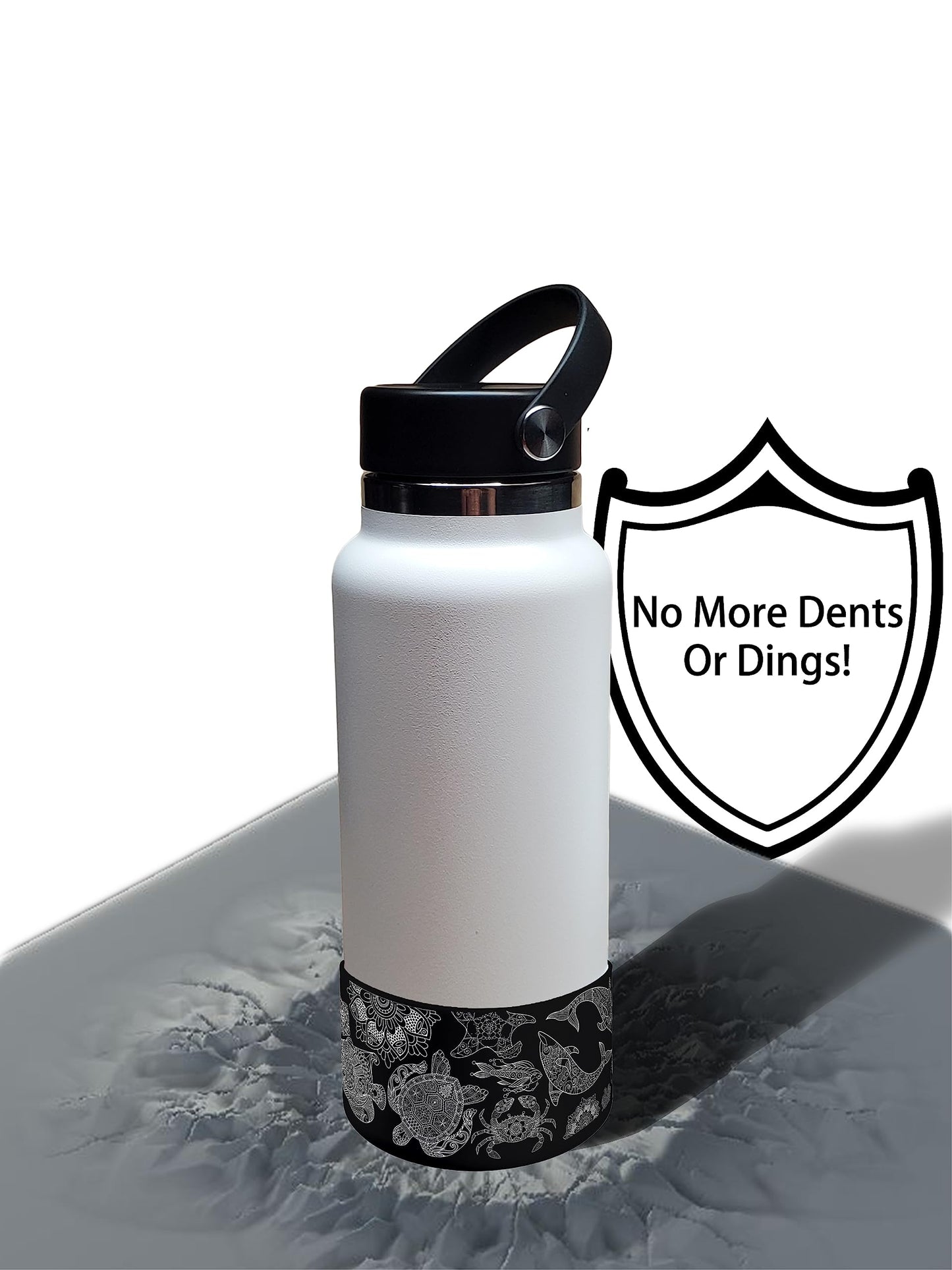 Hydro Heel Protective Silicone Bottom Sleeve, 12oz-40oz. Fits All Vacuum Insulated Stainless Steel Water Bottles, Anti-Slip, Anti-Scratch, Rubber Flex Skin Cover (12-24oz, Black Ocean Mandala)