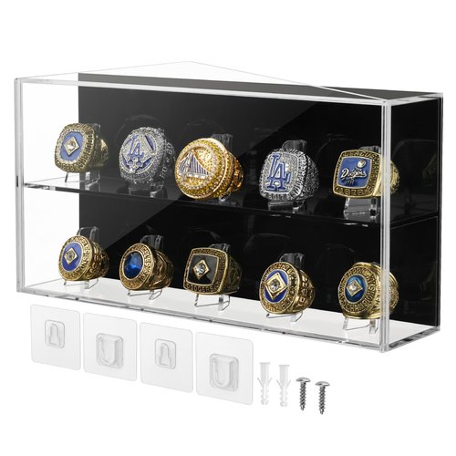 Championship Ring Display Case, 10 Ring Slots Baseball Ring Display Box Acrylic Baseball Ring Holder Wall Mount Shadow Box, Large Display Stand Case Organizer for Sports Ring Storage Display (Acrylic)