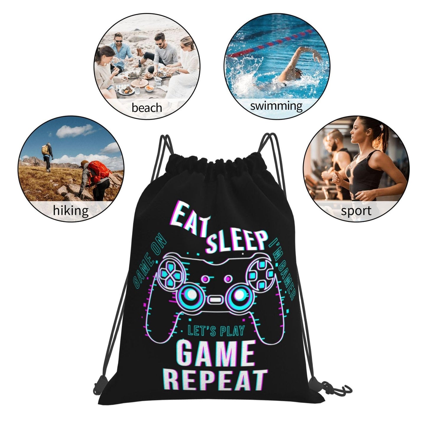AIMASTZ Eat Sleep Game Repeat Unisex Drawstring Backpack Bag Sport Gym Swim Travel Sackpack