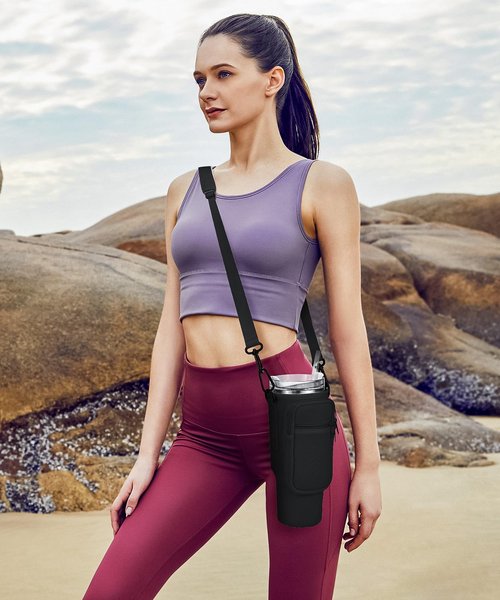 Water Bottle Carrying Bag with Pocket for Stanley & Simple Modern 40oz Tumbler with Handle, Water Bottle Holder with Pouch, Adjustable Strap Carabiner for Stanley Cup Accessories for Travel Walk Camp