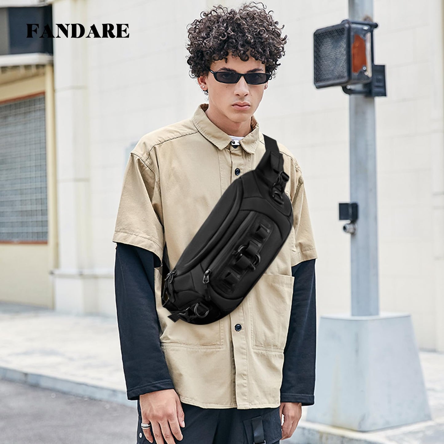 FANDARE Waist Fanny Pack Casual Sling Bag Sport Bumbags for Women Men Chest Crossbody Bags Cover Pack for Hiking Cycling Travelling Outdoor Gym Business Nylon Shoulder Pouch Black