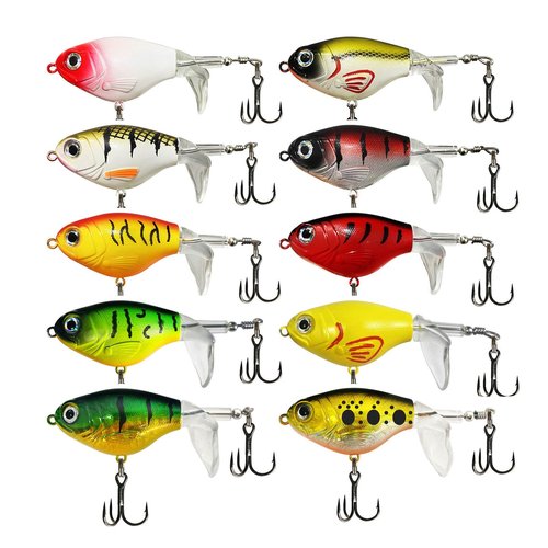 RTGSE 10Pcs Top Water Fishing Lures with Floating Rotating Tail Whopper Fishing Lure for Bass Barb Treble Hooks in Saltwater Freshwater Plopping Lures Kit