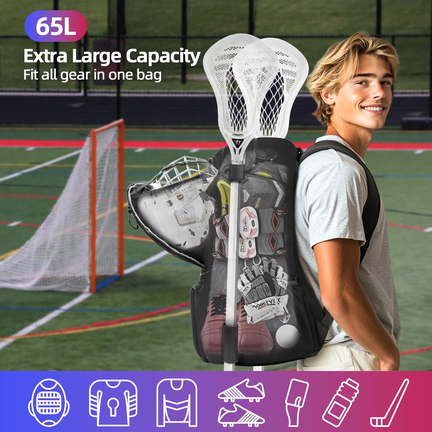 Arcoyard Extra Large Lacrosse Backpack with 2 Stick Holders, Professional Lacrosse Bag with Ventilated Cleats Compartment and Insulated Pocket, for All Lacrosse or Field Hockey Gear, Black