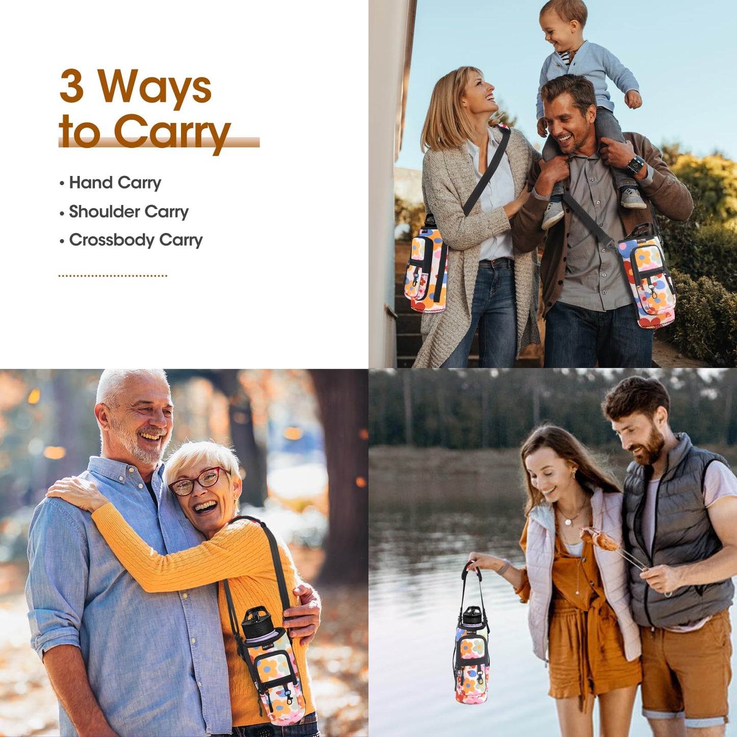 ARTSO Water Bottle Carrier Bag with Phone Pocket, Neoprene Sleeve Water Bottle Holder Sling Bag Pouch with Adjustable Strap 25/32/40/64 oz for Walking Hiking Camping Gym(25oz, Colorful Flowers)