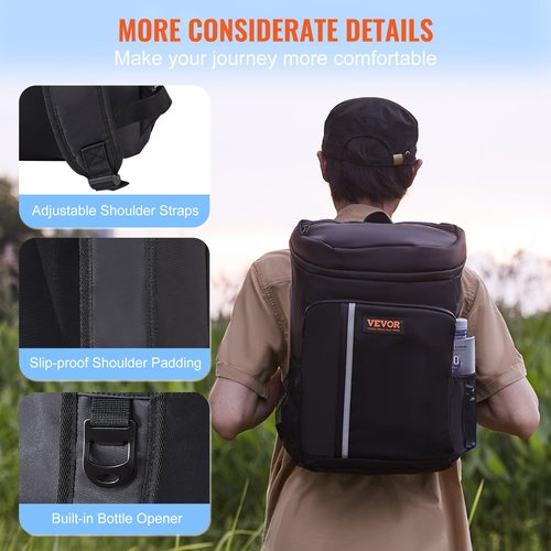 VEVOR Cooler Backpack, 20L Capacity, Waterproof and Leakproof, Adjustable Shoulder Straps, Lightweight, Black