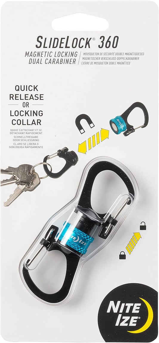 Nite Ize SlideLock 360 Degree Magnetic Locking Dual Carabiner - S-Biners with Twist-to-Lock Collar - Magnetic Carabiner Keychains for Keys, Camping Accessories & More - Blue